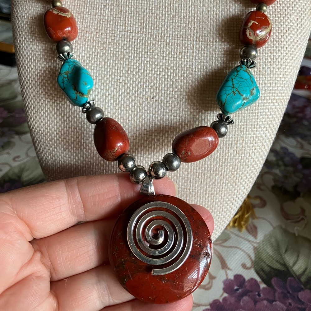 RED JASPER AND AUTHENTIC TURQUOISE SILVER ACCENTS WITH TURQ EARRINGS - Picture 10 of 13